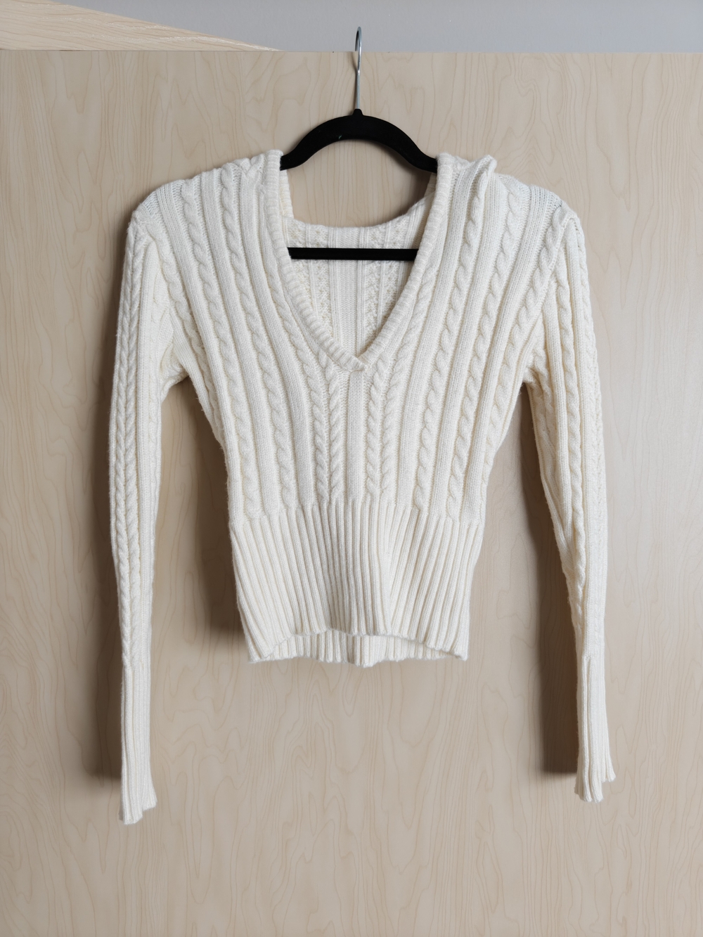 Women's Cream Cable V-Neck Ribbed Waist Sweater